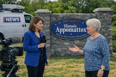 A news reporter interviews a woman in front of a Historic Appomattox sign.