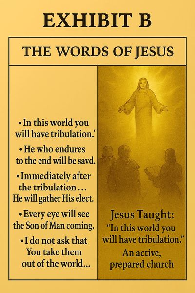 Exhibit B displays Jesus' words about tribulation and perseverance with a glowing depiction of Him teaching.