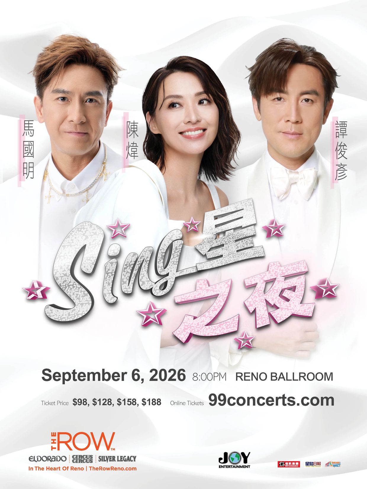 Three singers promoting a concert at Reno Ballroom on September 6, 2026.