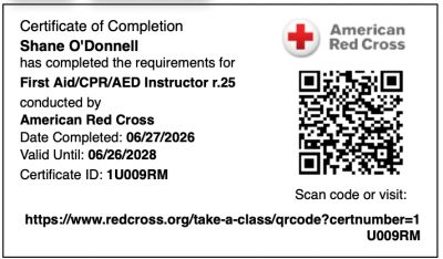 Certificate of completion for First Aid/CPR/AED instructor by American Red Cross.