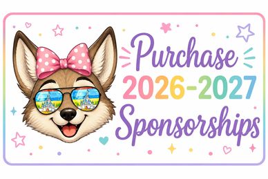 Cute dog with sunglasses promoting 2026-2027 sponsorships.