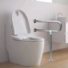 Modern white toilet with open lid and stainless steel support bar in a bathroom.