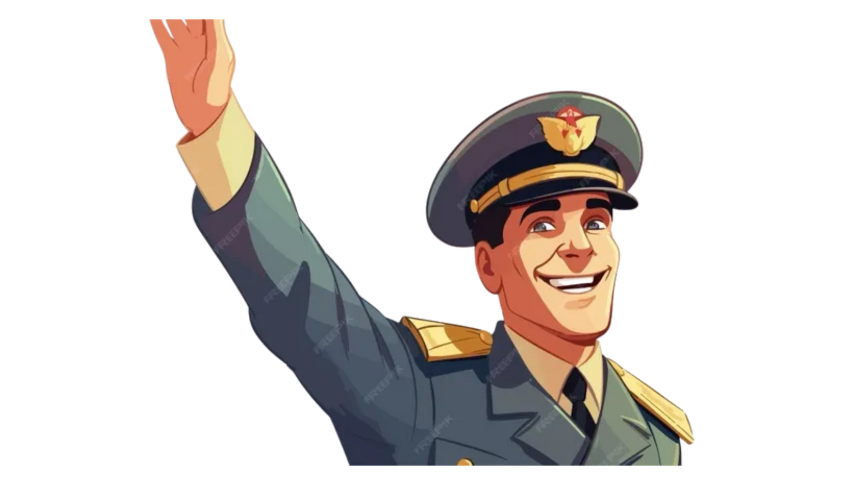 Smiling military officer saluting in uniform with cap.