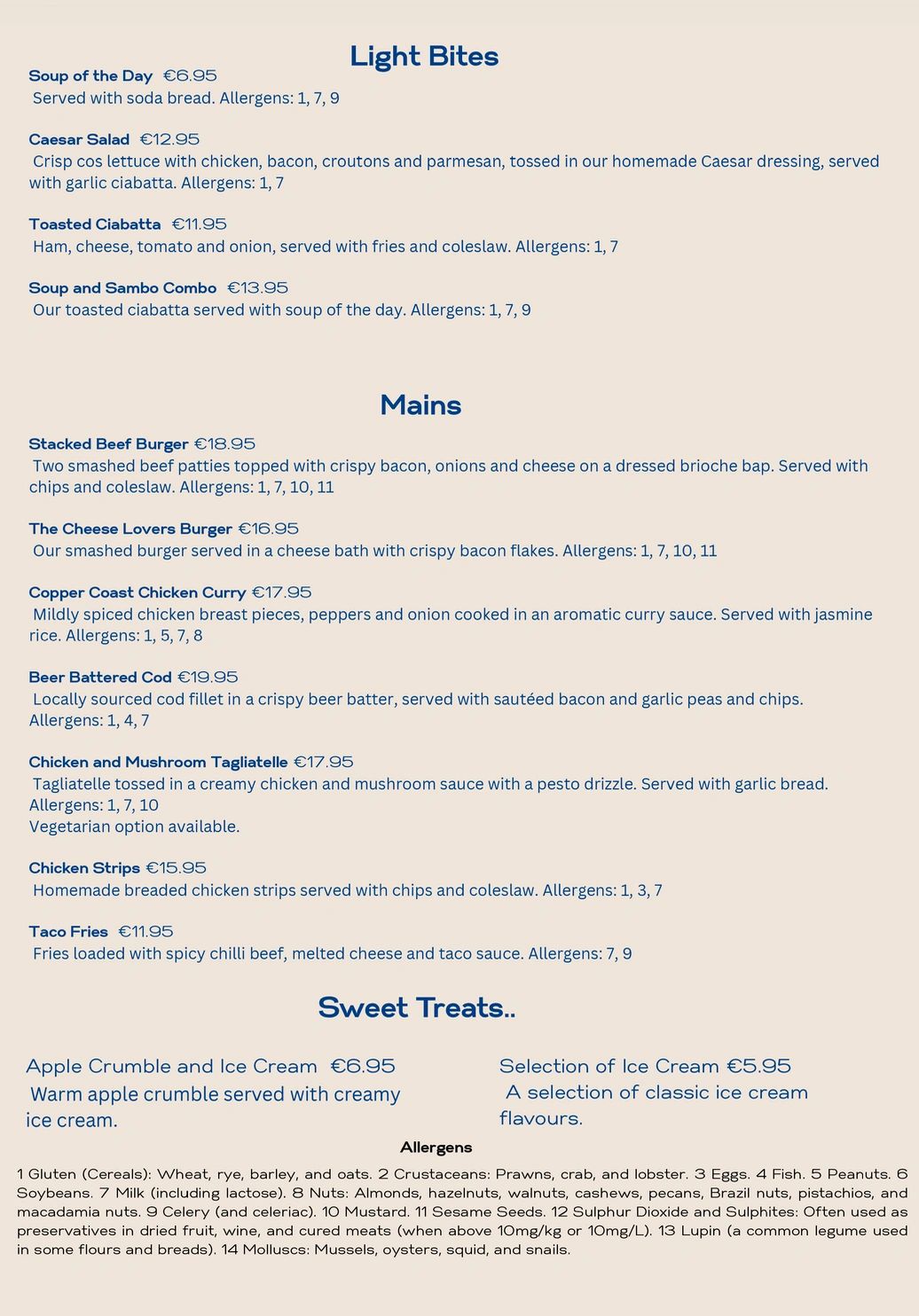 Menu featuring light bites, mains, and sweet treats with allergen info.