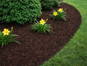 Neatly mulched garden bed with yellow flowers and green bushes.