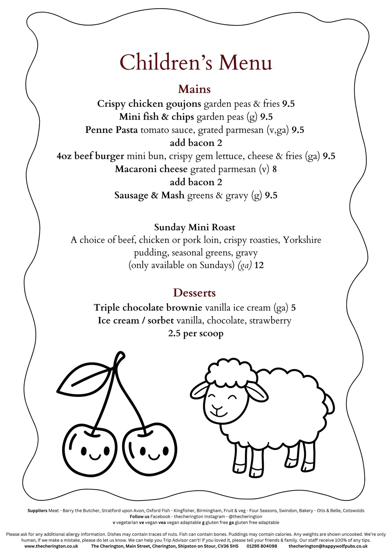 Children's menu with mains, Sunday roast, and desserts featuring classic kid-friendly dishes.