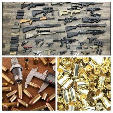 Various firearms, bullets, and brass casings displayed on a surface.