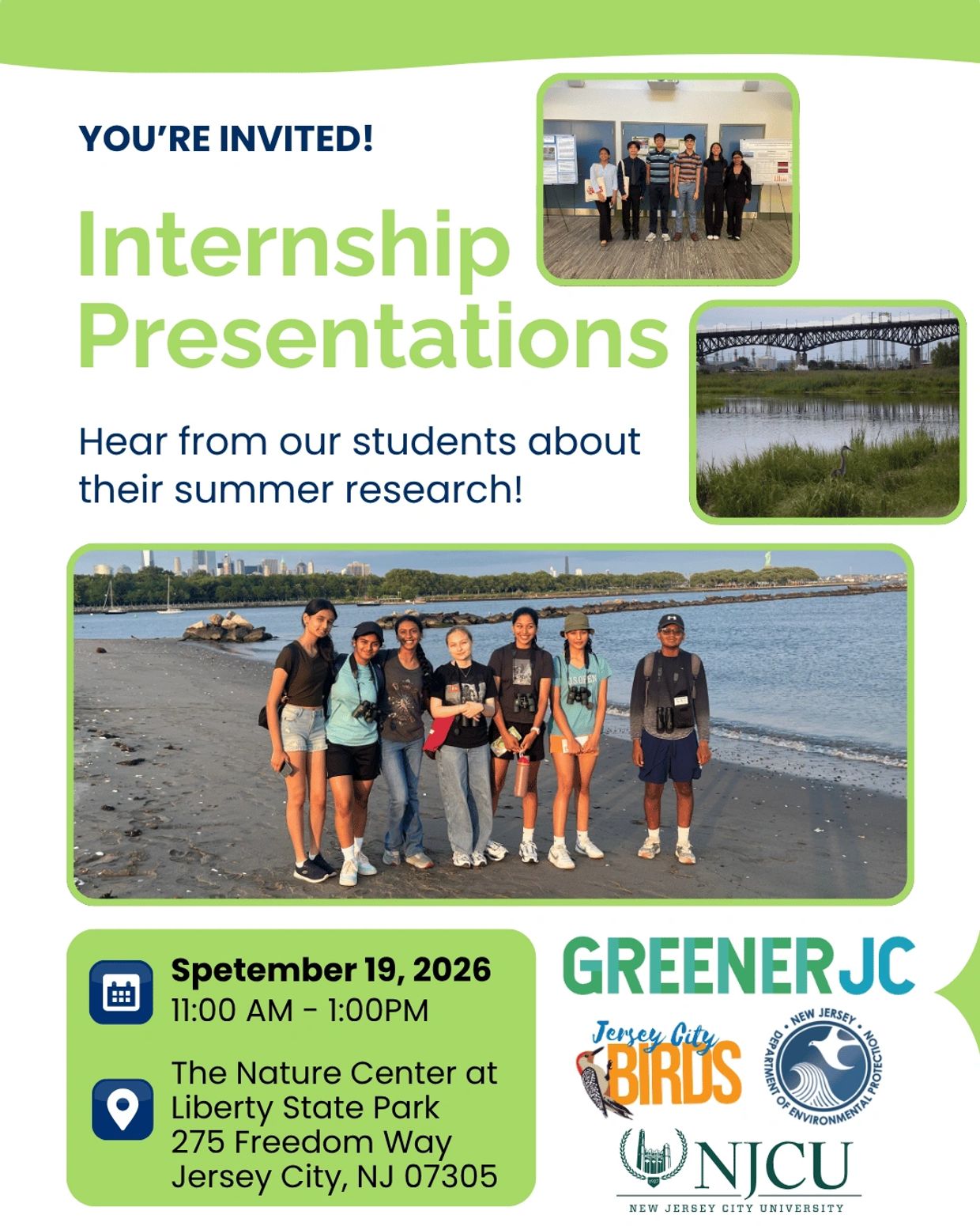 Invitation to summer internship presentations on September 19, 2026 at Liberty State Park.