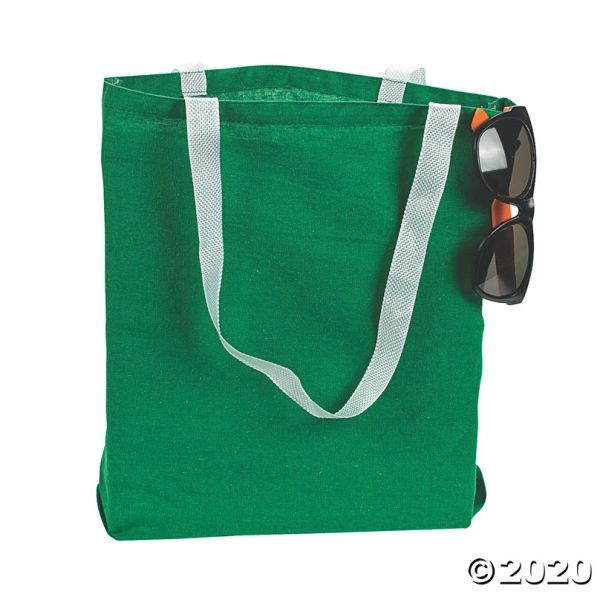 Green tote bag with white handles and sunglasses hanging on the side.