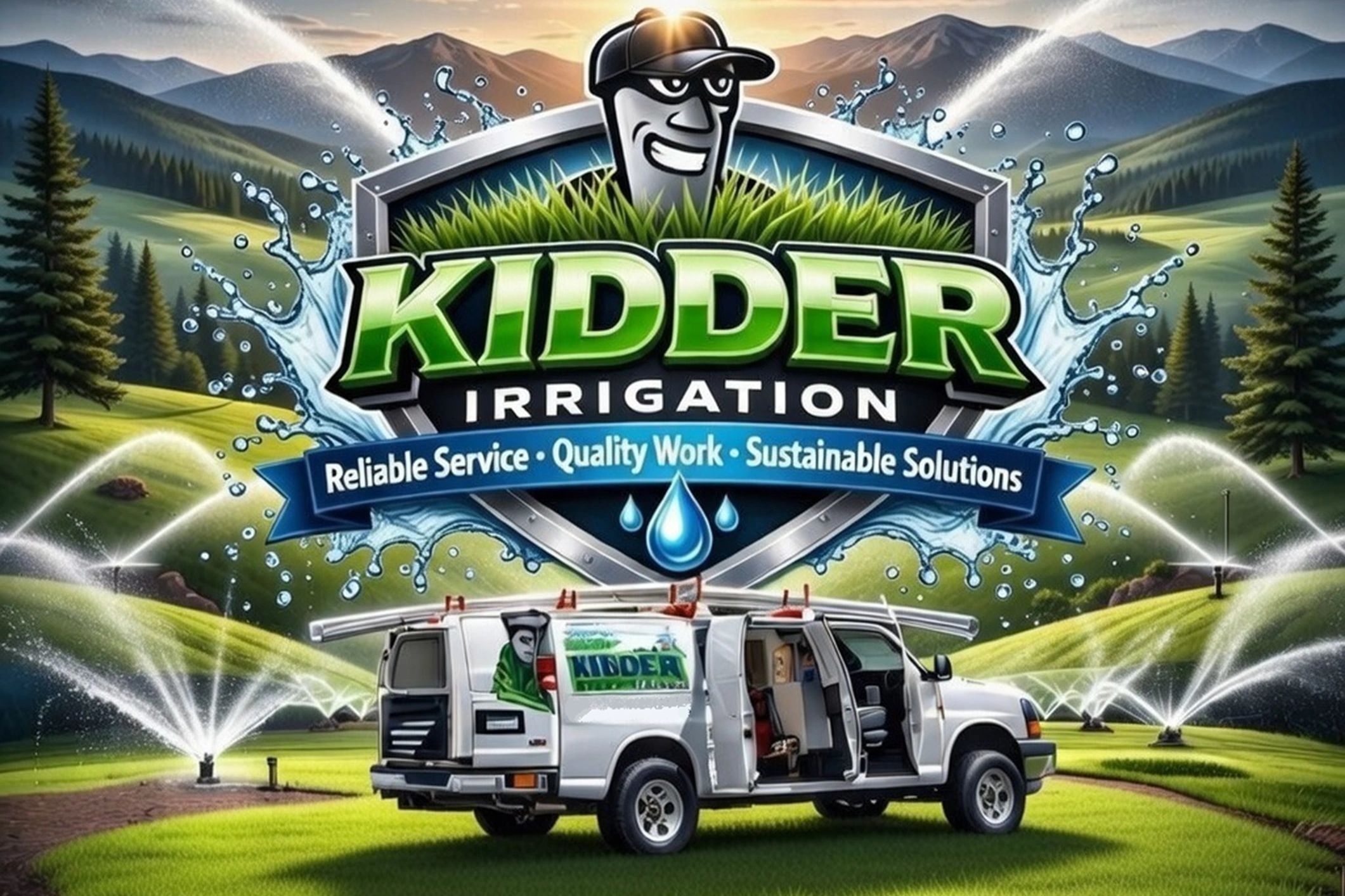 Kidder Irrigation logo with service van and sprinklers in a lush green landscape.