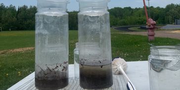 Two tall glasses filled with murky water and sediment on a table outdoors.