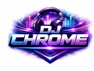Colorful DJ Chrome logo with headphones and sound equalizer graphic.