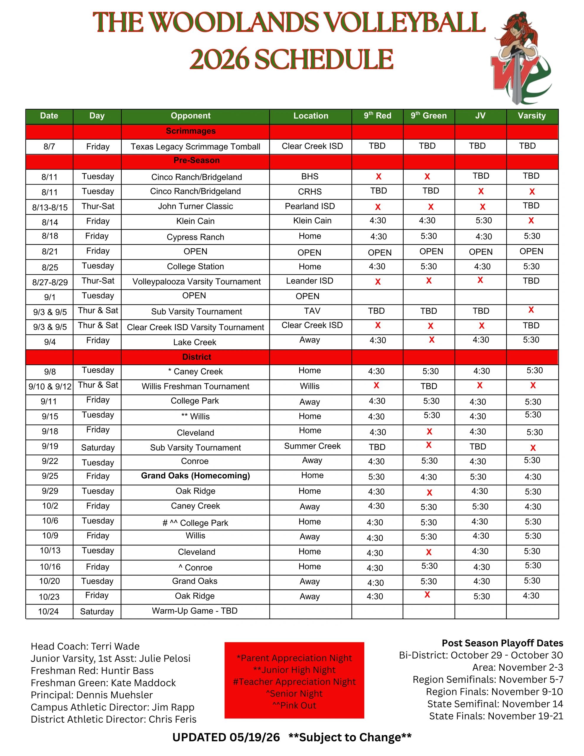 The Woodlands Volleyball 2026 schedule with dates, opponents, locations, and times for all teams.