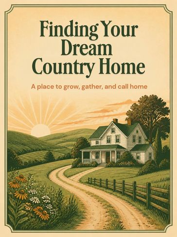 Vintage-style poster of a country home at sunset.