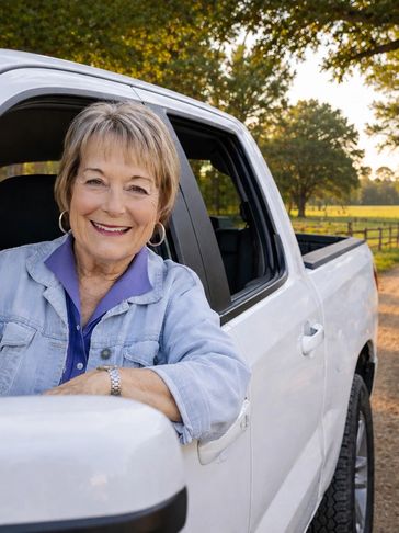 Smiling older woman leaning on a white pickup truck.