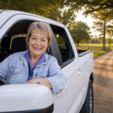 Smiling older woman leaning on a white pickup truck.