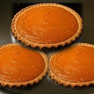 Three delicious pumpkin pies with golden crusts.