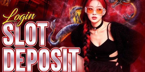 A stylish woman with red hair and sunglasses poses next to bold 'Login Slot Deposit' text.
