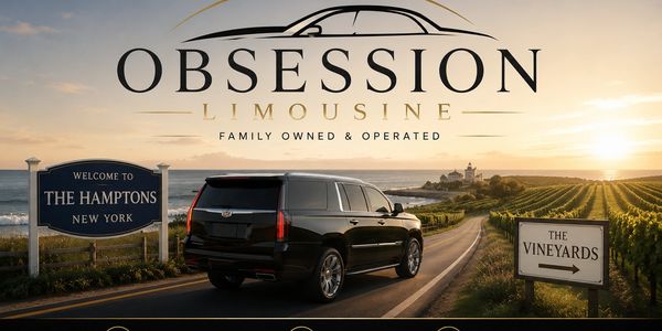 Luxury limousine driving toward vineyards at sunset in the Hamptons.