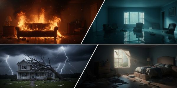 Collage of dramatic scenes showing fire, flood, storm, and disarray in homes.