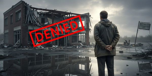 Man in front of destroyed building with 'DENIED' stamp over it.