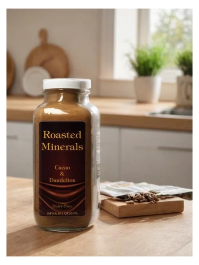 Bottle of Roasted Minerals on the counter