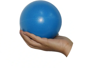 A hand holding a small blue ball against a white background.