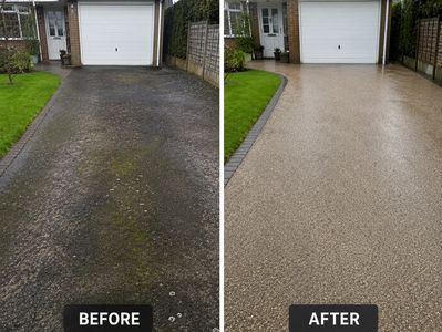 Driveway cleaned and resurfaced, showing transformation.