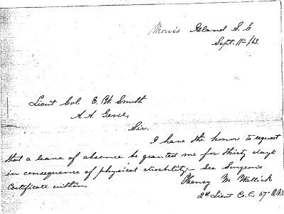 Handwritten note by Henry Wallick asking for a leave of absence dated Sept 11, 1863