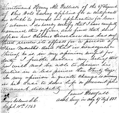 Regimental Surgeon James Westfalls letter requesting a 30 leave of absence for Henry Wallick