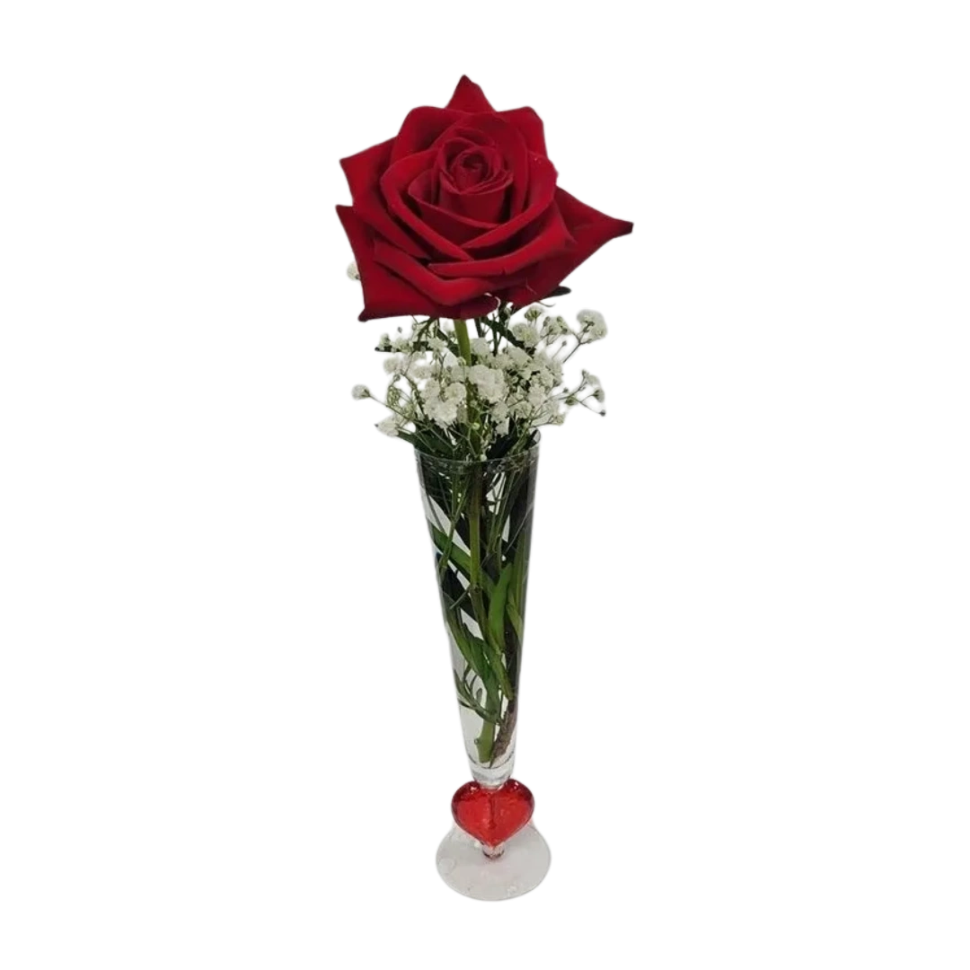 Single Red Rose In Fluted Valentine Heart Vase Limited Quanities