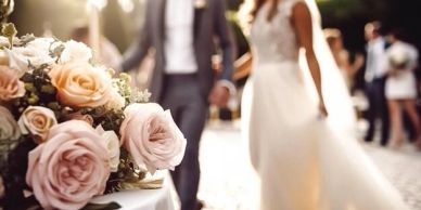 Bride and groom holding hands at wedding with roses in foreground.