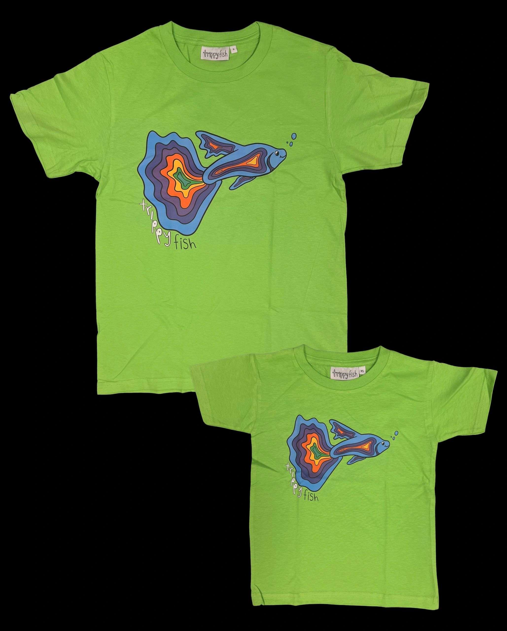 two lime green shirts with a colorful fish image and the words "trippy fish." 