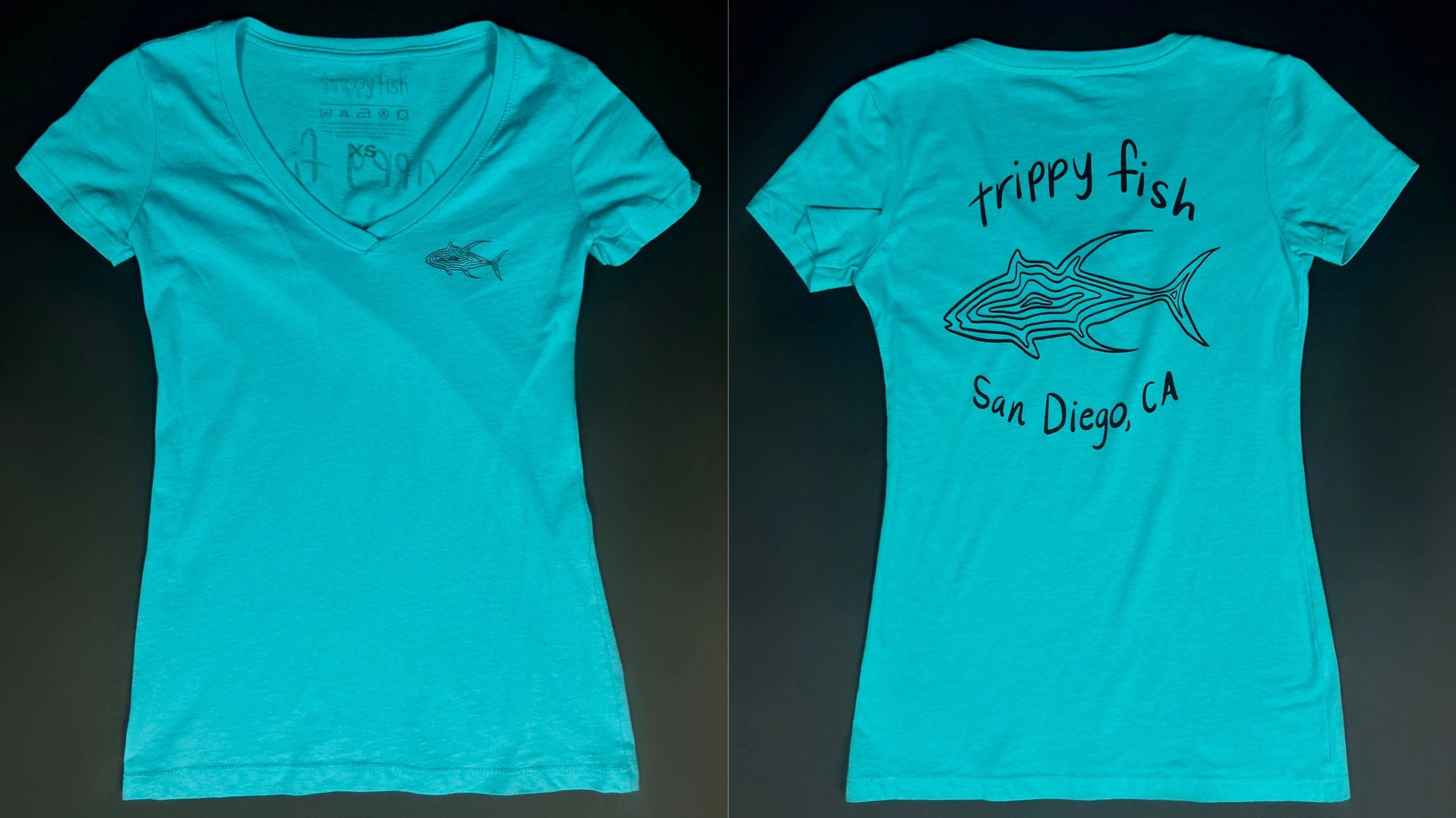 blue v-neck t-shirt with a tuna logo and the word "trippy fish San Diego, CA"