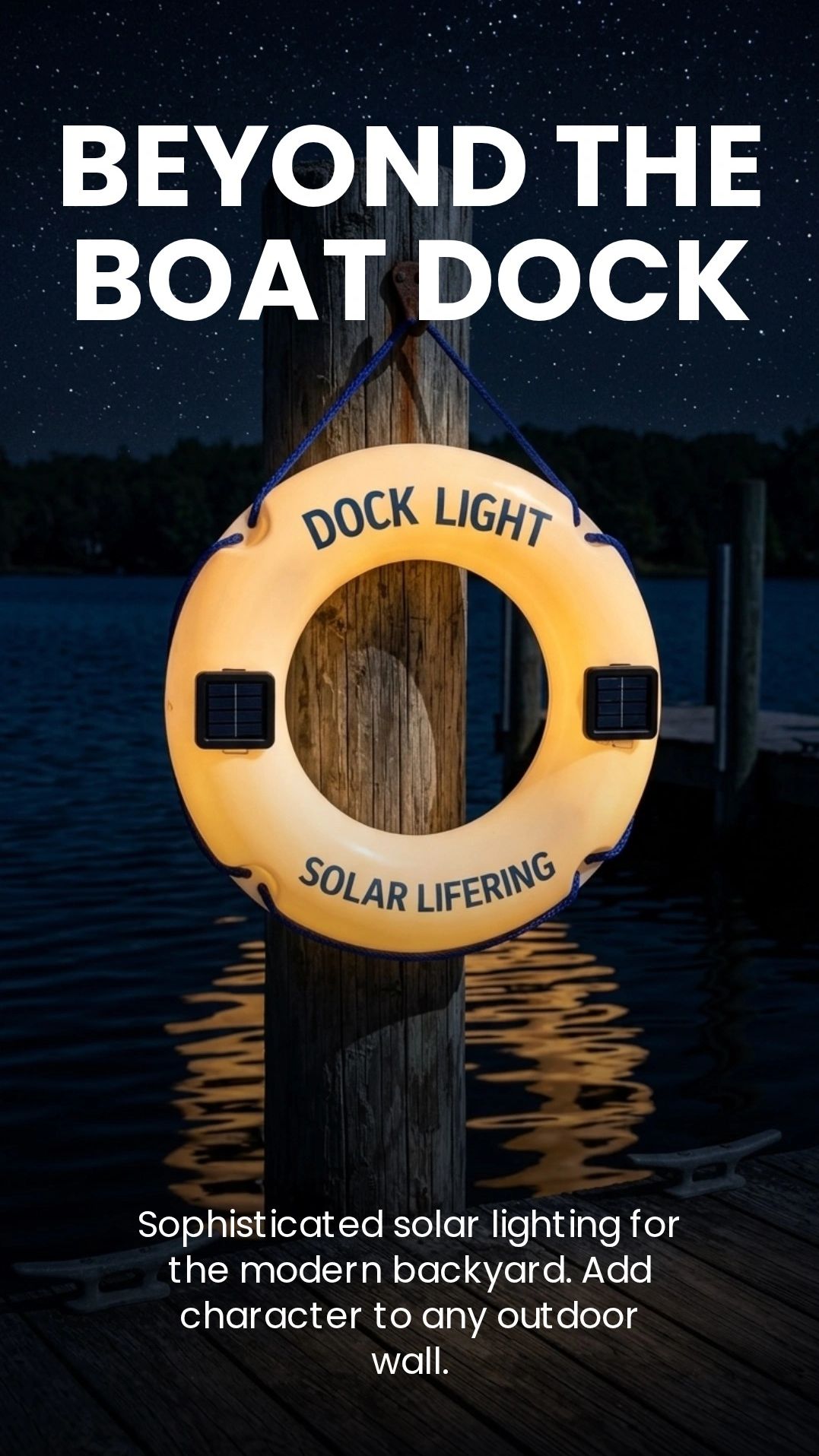 Solar-powered dock light shaped like a life ring, glowing warmly at night.