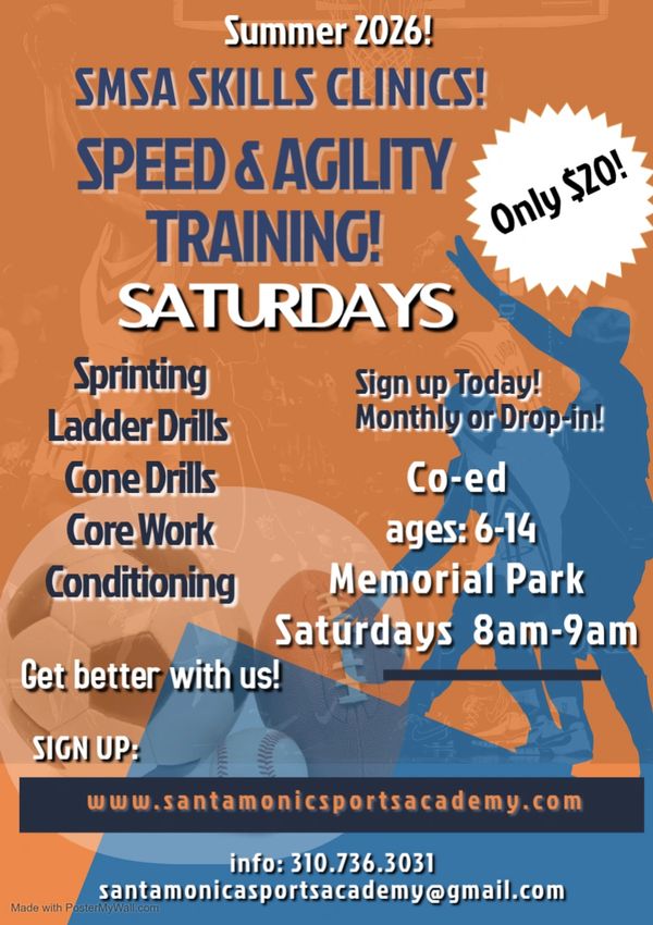 Summer 2026 SMSA Skills Clinics for speed and agility training on Saturdays, ages 6-14.