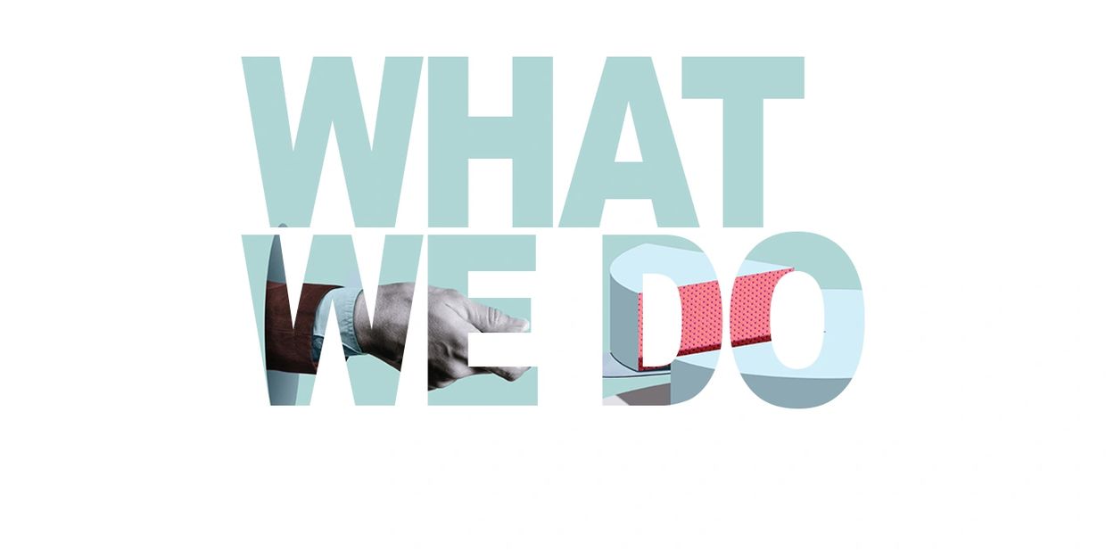 Текст "WHAT WE DO" з фото рук і об'єкта всередині літер.