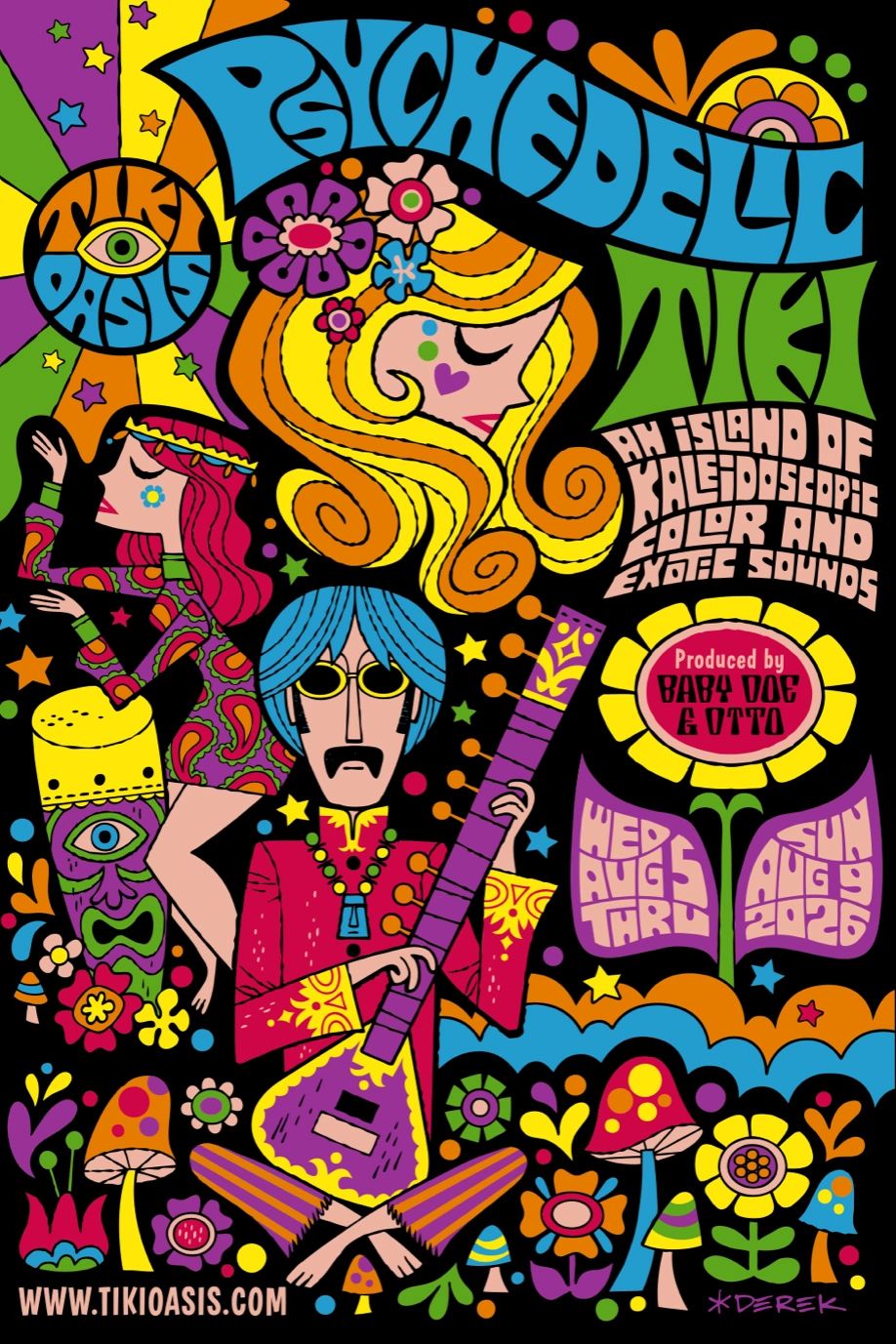 Colorful psychedelic tiki poster with retro-styled characters and vibrant patterns.