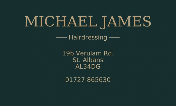 Michael James Hairdressing contact details on dark background.