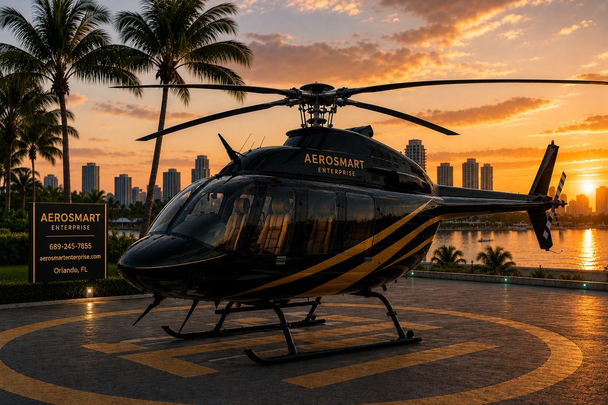 Black and gold helicopter on a helipad at sunset with city skyline in the background.