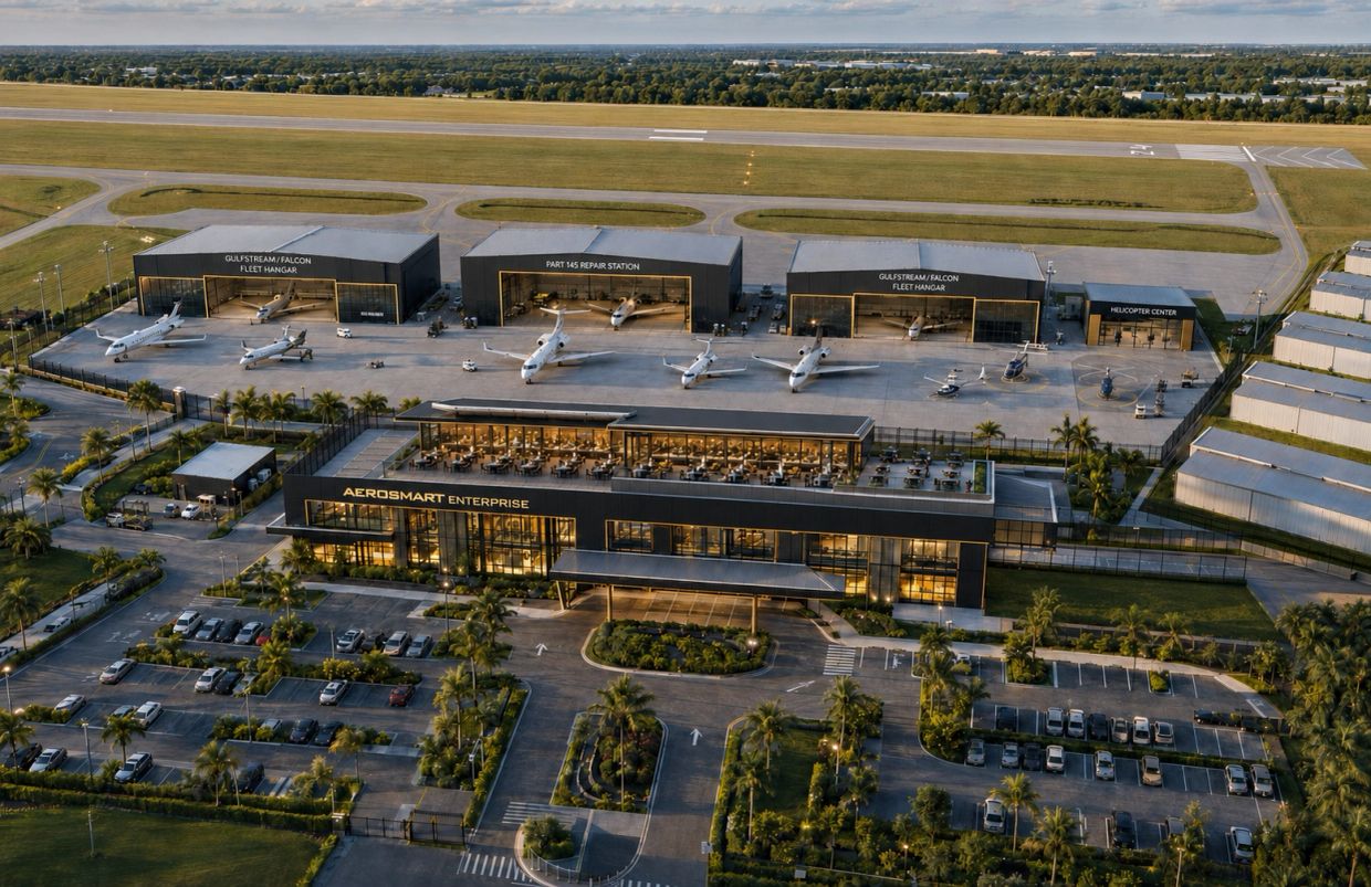 Aerial view of Aeromart Enterprise with hangars and jets.