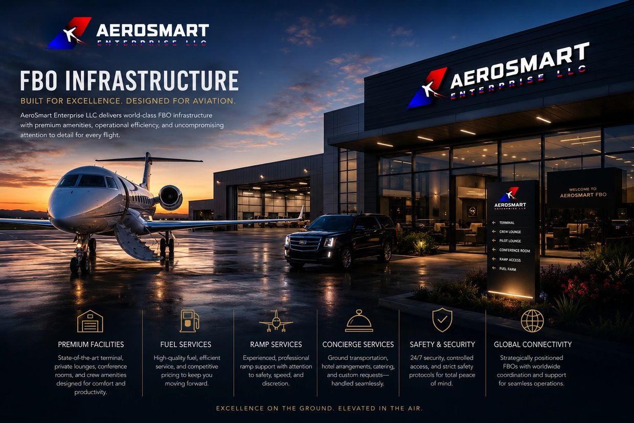 Aerosmart FBO infrastructure with private jet and luxury vehicle at sunset.
