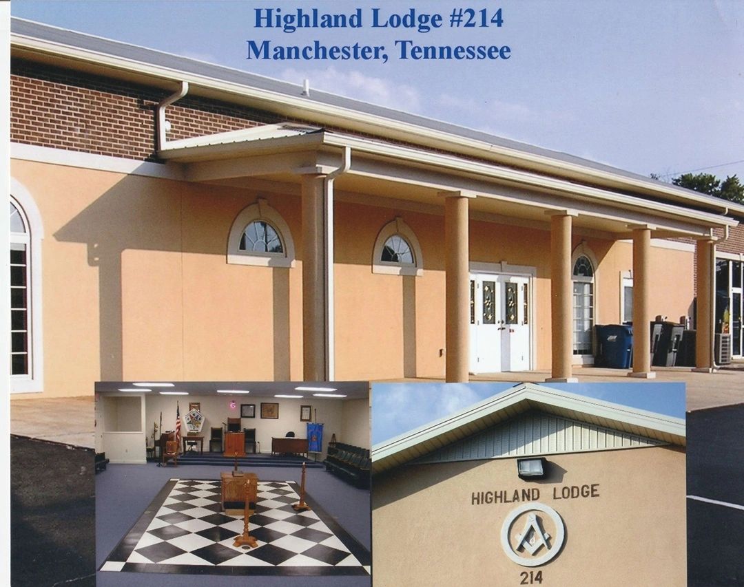 Exterior and interior views of Highland Lodge #214 in Manchester, Tennessee.