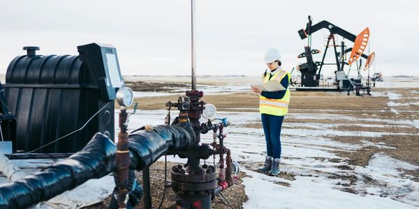 Female engineer inspecting oilfield equipment in snowy terrain.
