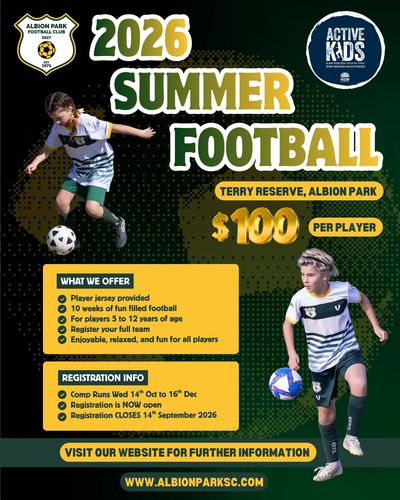 2026 summer football program at Albion Park for kids aged 5-12.
