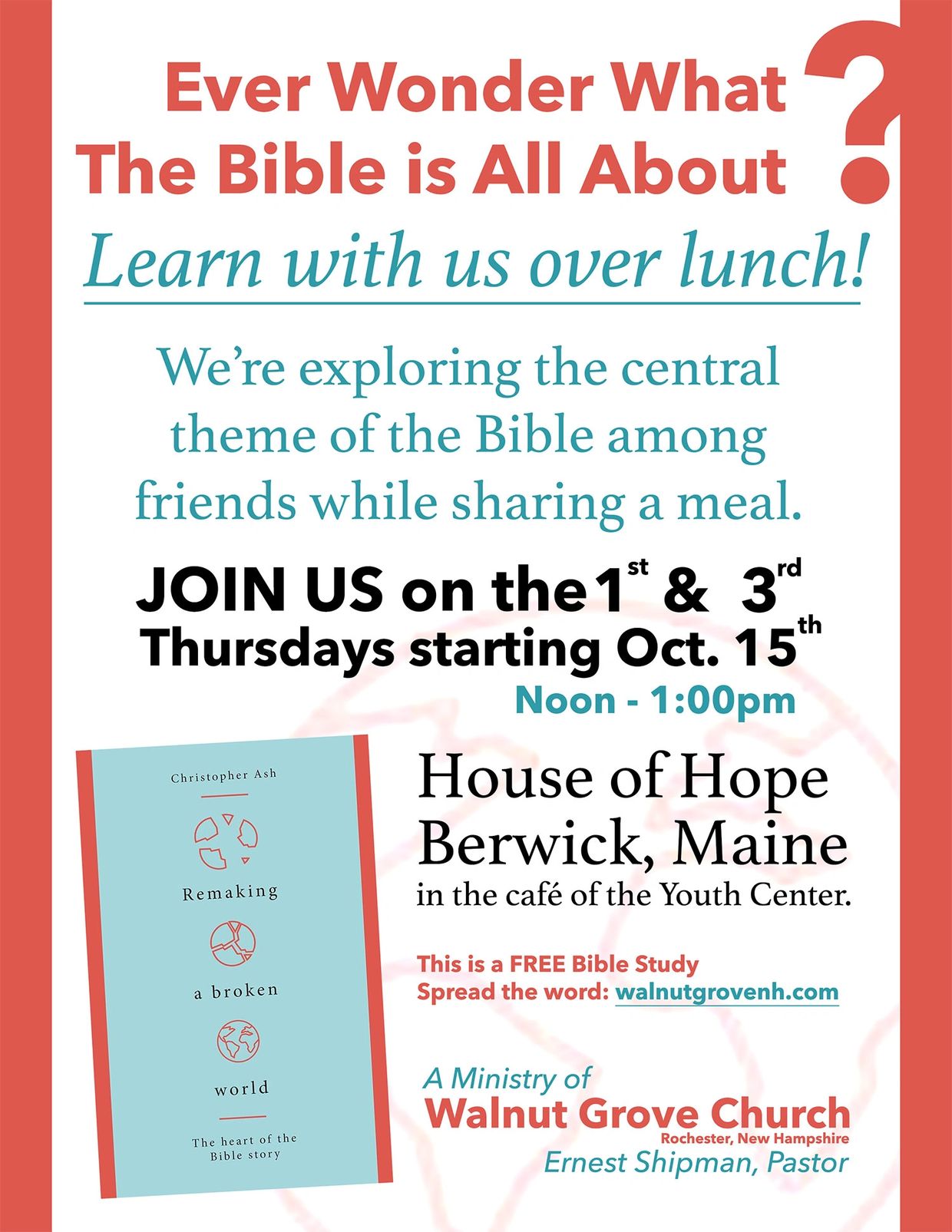 Bible study sessions every 1st and 3rd Thursday over lunch.