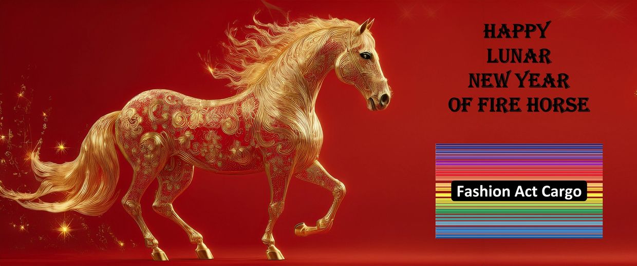 Golden fire horse with intricate designs on red background for Lunar New Year.