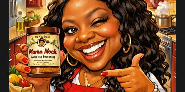 Cartoon woman promoting Mama Nock's Complete Seasoning in a cozy kitchen with delicious food.