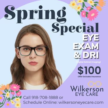 wilkerson eye care spring special
complete eye exam for $100
eye exam deals
eye exam near me