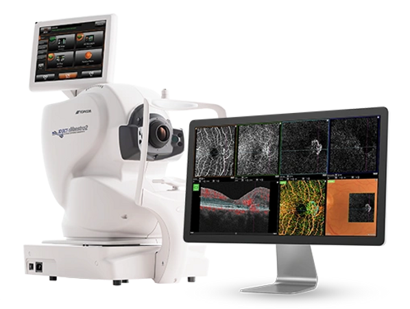 Advanced ophthalmic imaging device with dual screens showing detailed eye scans.